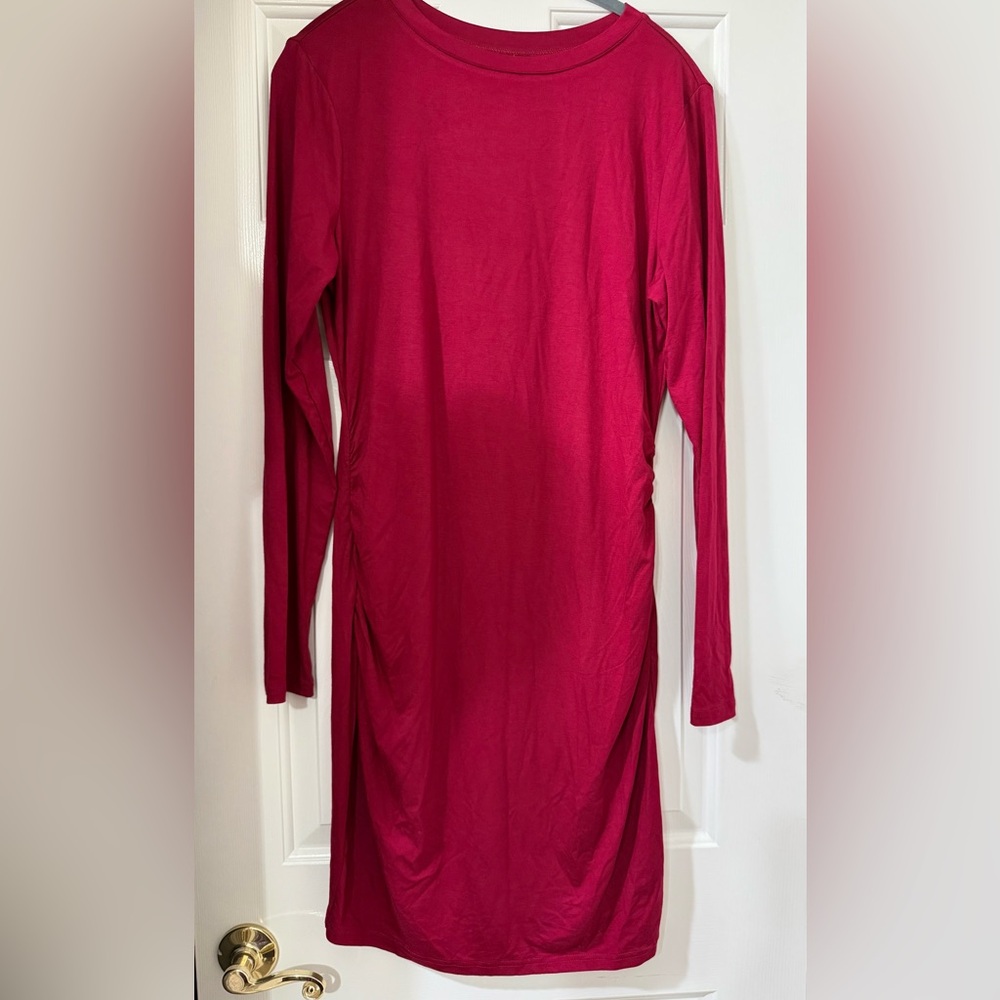 BTFBM Long Sleeve Ruched Midi Dress in Vibrant Burgundy Red - size XL *NWT